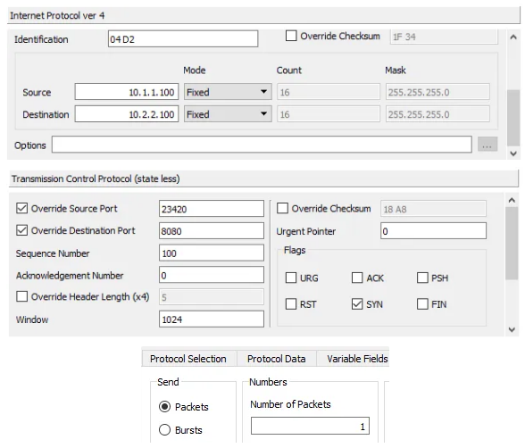 TCP SYN packet configuration