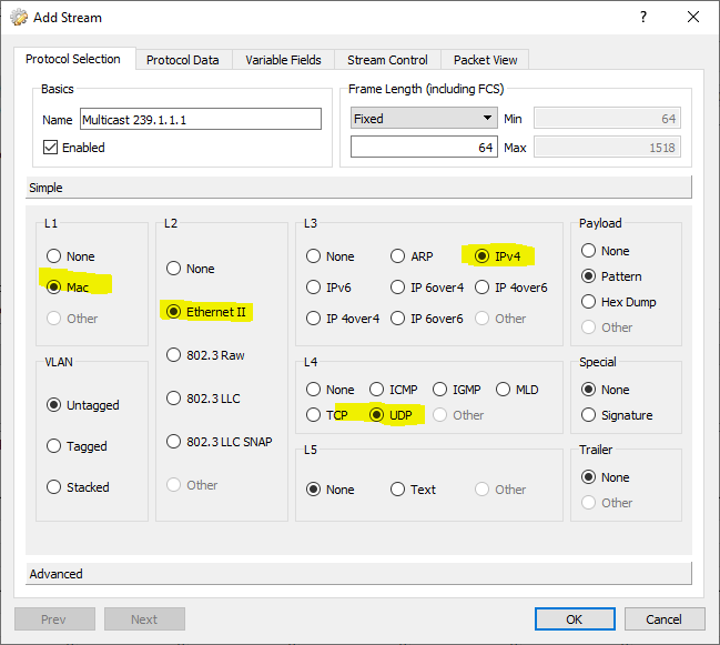 Protocols in a multicast packet