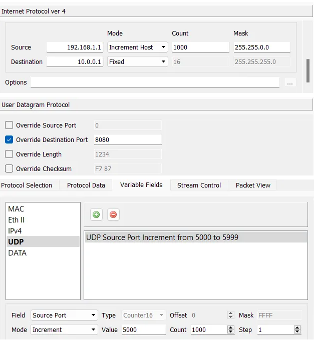 Vary both Source IP and Source L4 port to generate 1000 flows