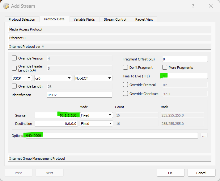 IPv4 fields in a IGMP packet