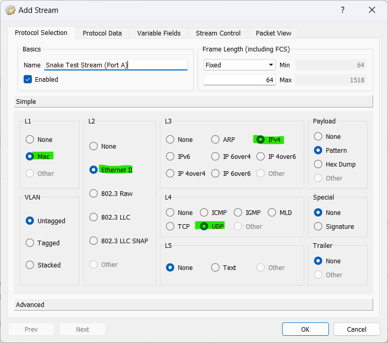 Snake Test Traffic Stream Protocols