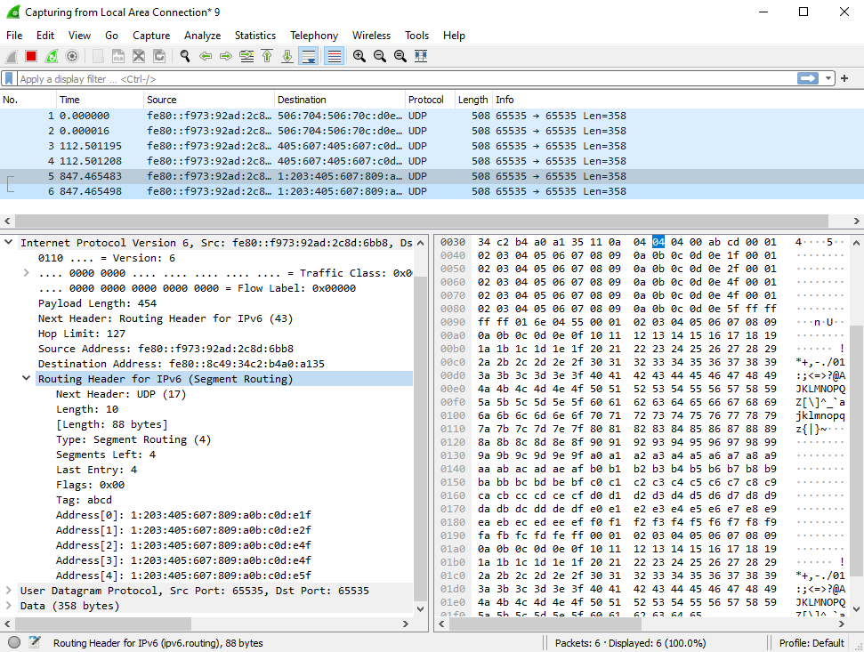 Ostinato generated SRv6 in Wireshark