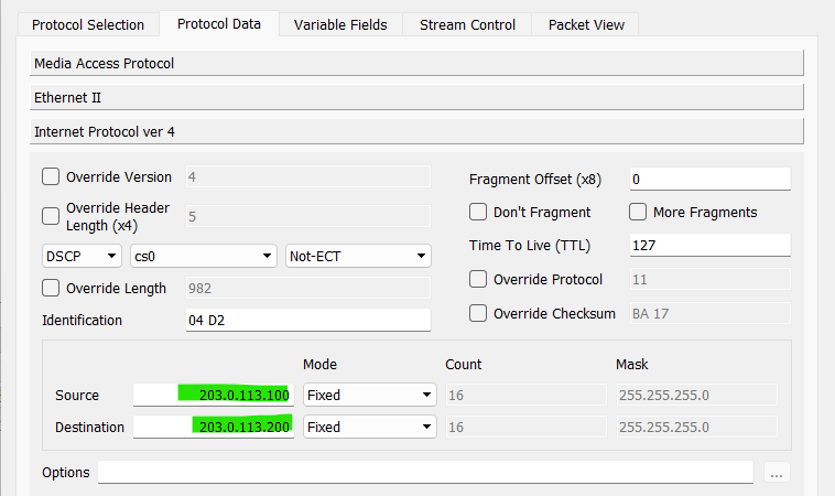 Test Stream IP configuration