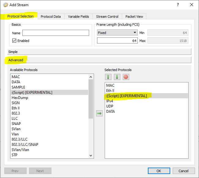 Ostinato HSR stream protocols