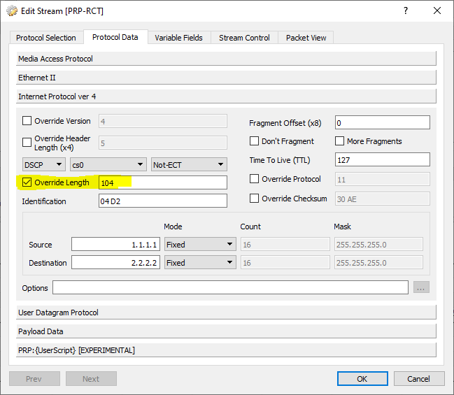 PRP IP Length Overrides
