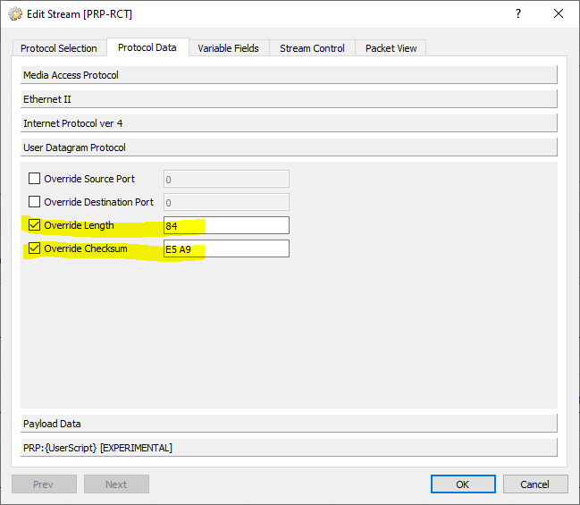 PRP UDP Length Overrides