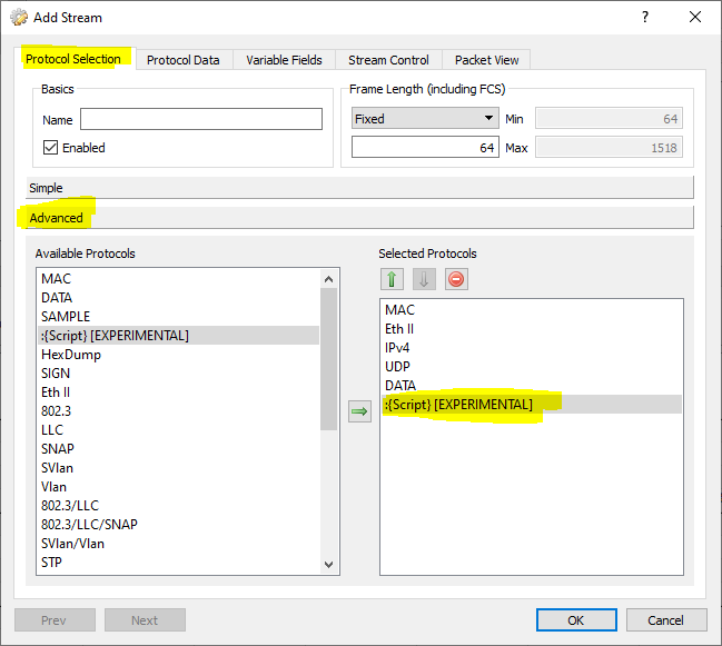 Ostinato PRP stream protocols