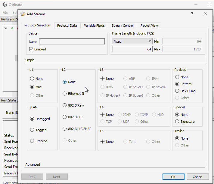 Creating non-Ethernet IP streams using Ostinato