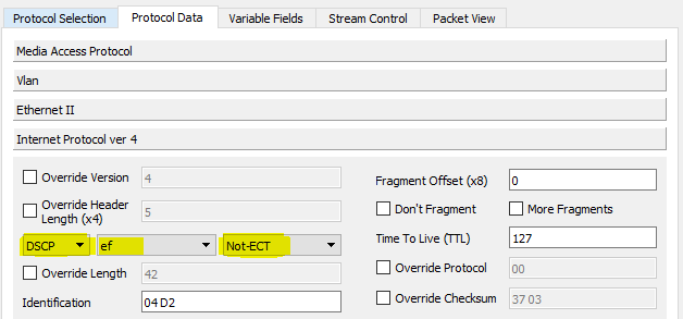 Set IPv4 DSCP in QOS test stream