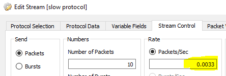 Ostinato slow traffic rate configuration