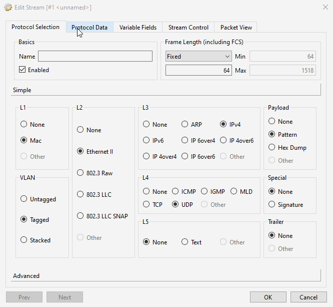 Stream configuration dialog