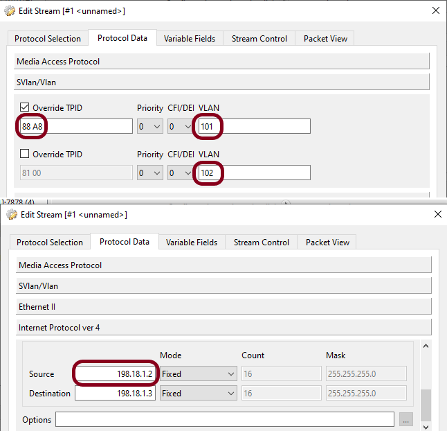 Stream VLAN and IP address configuration